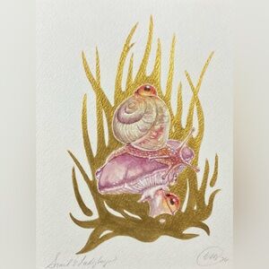 Original painting mushroom snail nature surreal nouveau gold accent artwork